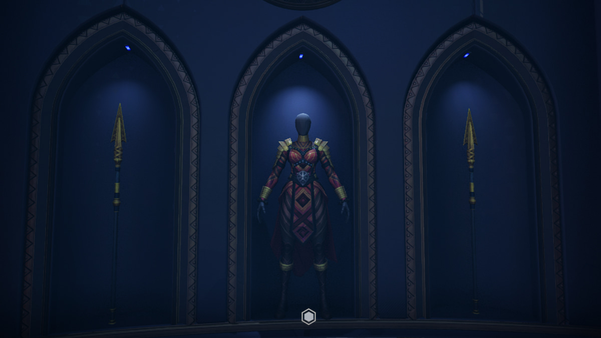 A statue of Okoye up against a wall between two spears in Marvel Rivals.