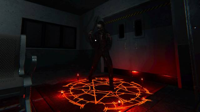 A ghost trapped in an active bright red Summoning Circle at the Prison map in Phasmophobia.