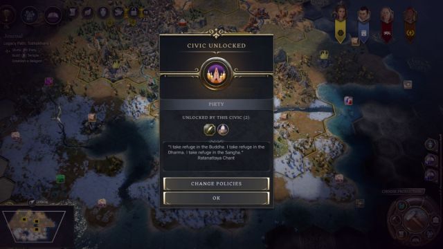 Screenshot of Civilization 7 showing the Piety Civic being learned.