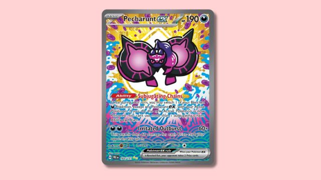 Pecharunt ex Pokémon card on a pink background.