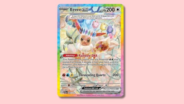 Eevee ex Pokémon card on a pink background.