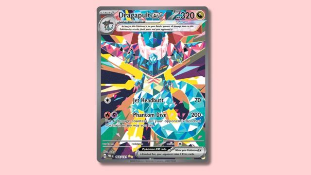 Dragapult ex Pokémon card on a pink background.