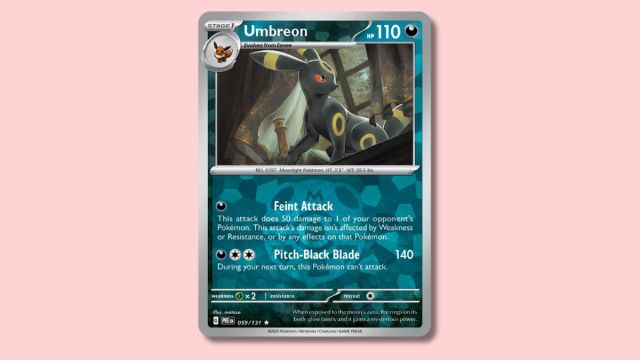 Umbreon Pokémon card on a pink background.
