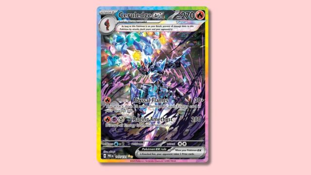 Ceruledge ex Pokémon card on a pink background.