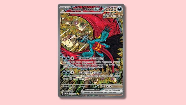 Roaring Moon ex Pokémon card on a pink background.