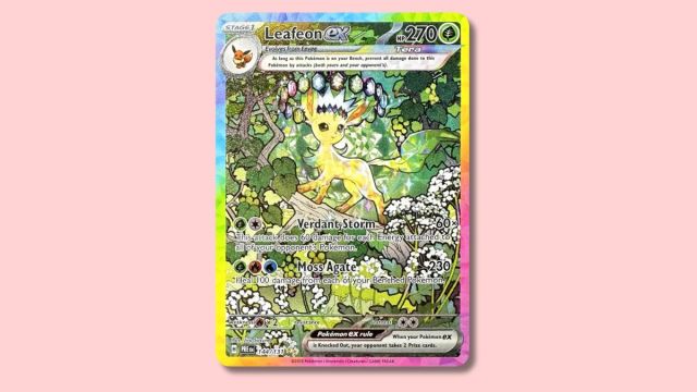Leafeon ex Pokémon card on a pink background.
