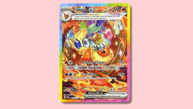 Flareon ex Pokémon card on a pink background.