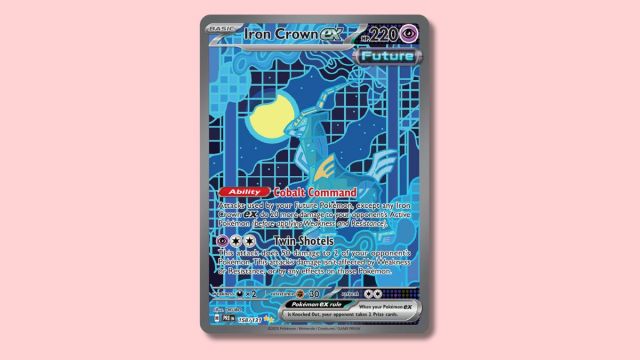 Iron Crown ex Pokémon card on a pink background.