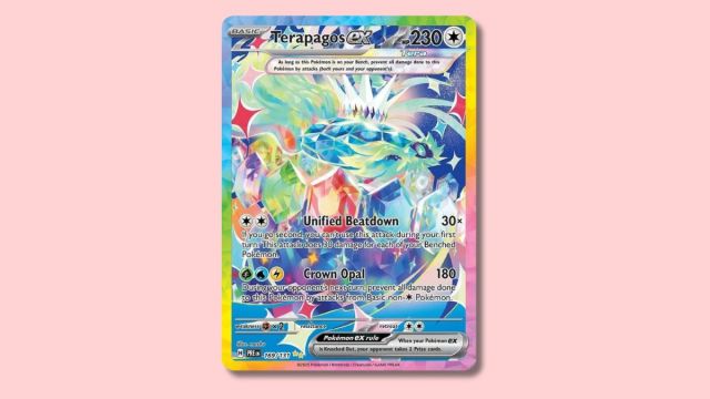 Terapagos ex Pokémon card on a pink background.