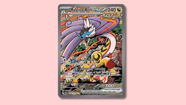 Raging Bolt ex Pokémon card on a pink background.
