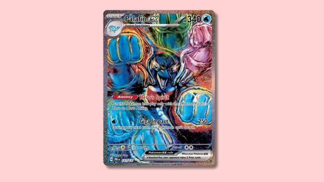 Palafin ex Pokémon card on a pink background.