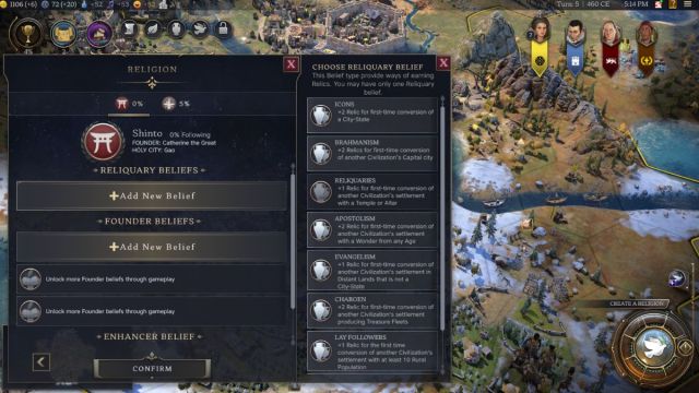 Screenshot of Civilization 7 showing the Reliquary beliefs being learned.