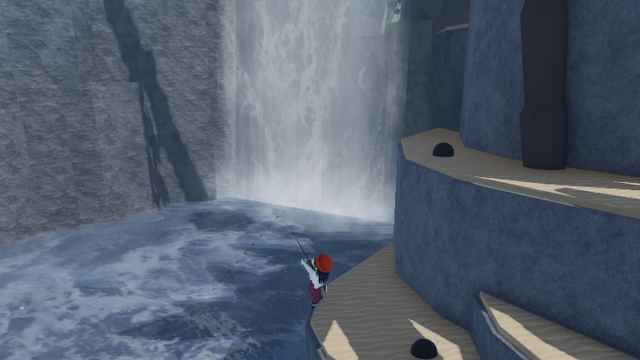 A Roblox player fishing near a waterfall in Fisch.