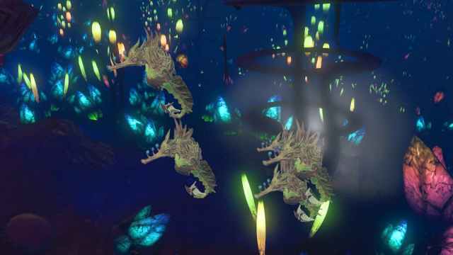 Sea horses swimming in deep waters, surrounded by glittering and illuminated flora in No Man's Sky.