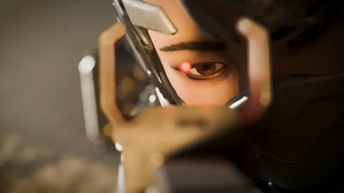 A close up of Valkyrie's eye looking through a bruiser optic in ALGS Champs trailer