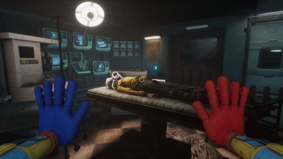 Looking at a body on the operating table with a gas mask on his face with the Operating Room puzzle behind him in Poppy Playtime Chapter 4