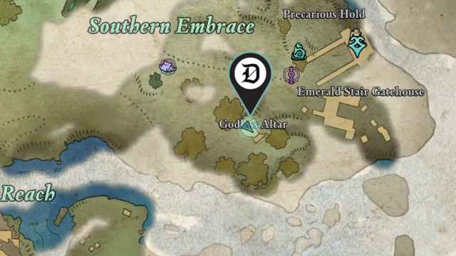 A map of Dawnshore in Avowed with a location on a map marked.