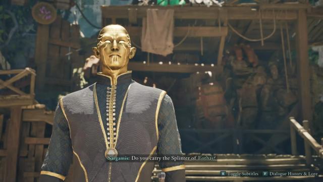 A man with golden skin and eyes made of gold light wears a black robe with golden buttons.