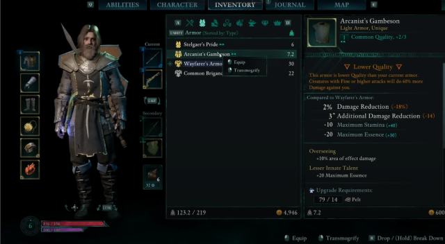 Image showing armor and the transmog option in Avowed.