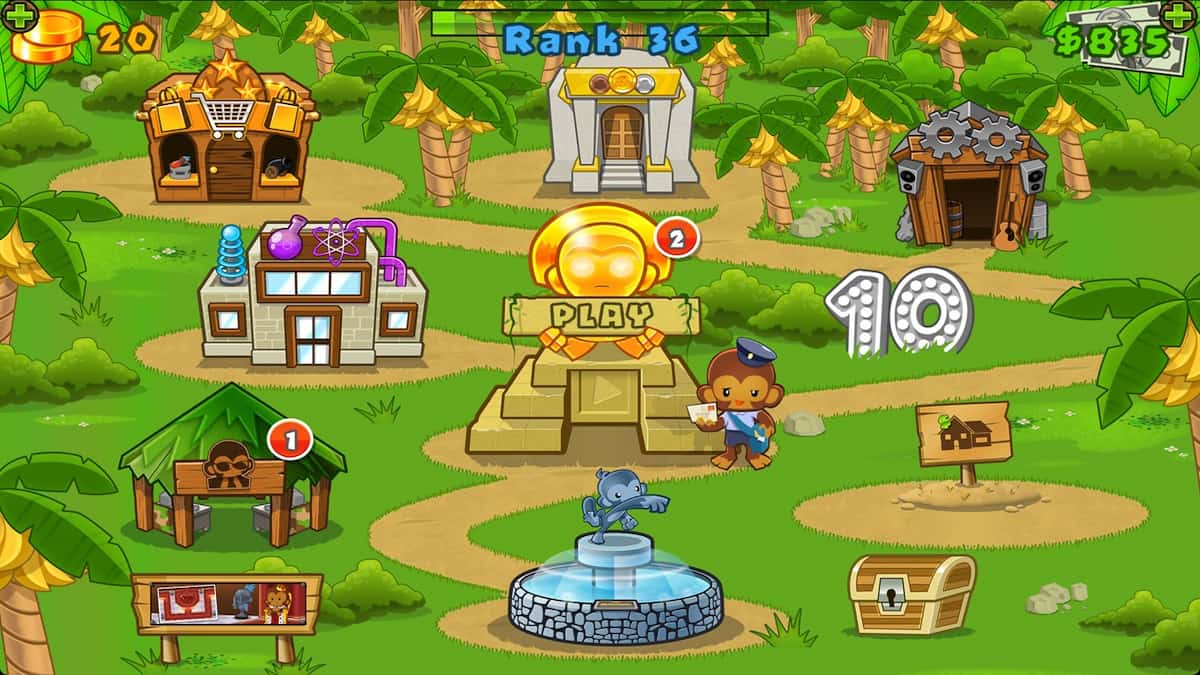 A forested meadow with buildings, treasure chests, and a monkey dressed in a postman's outfit