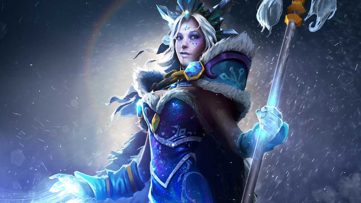 Crystal Maiden standing with her staff in a cold environment in Dota 2