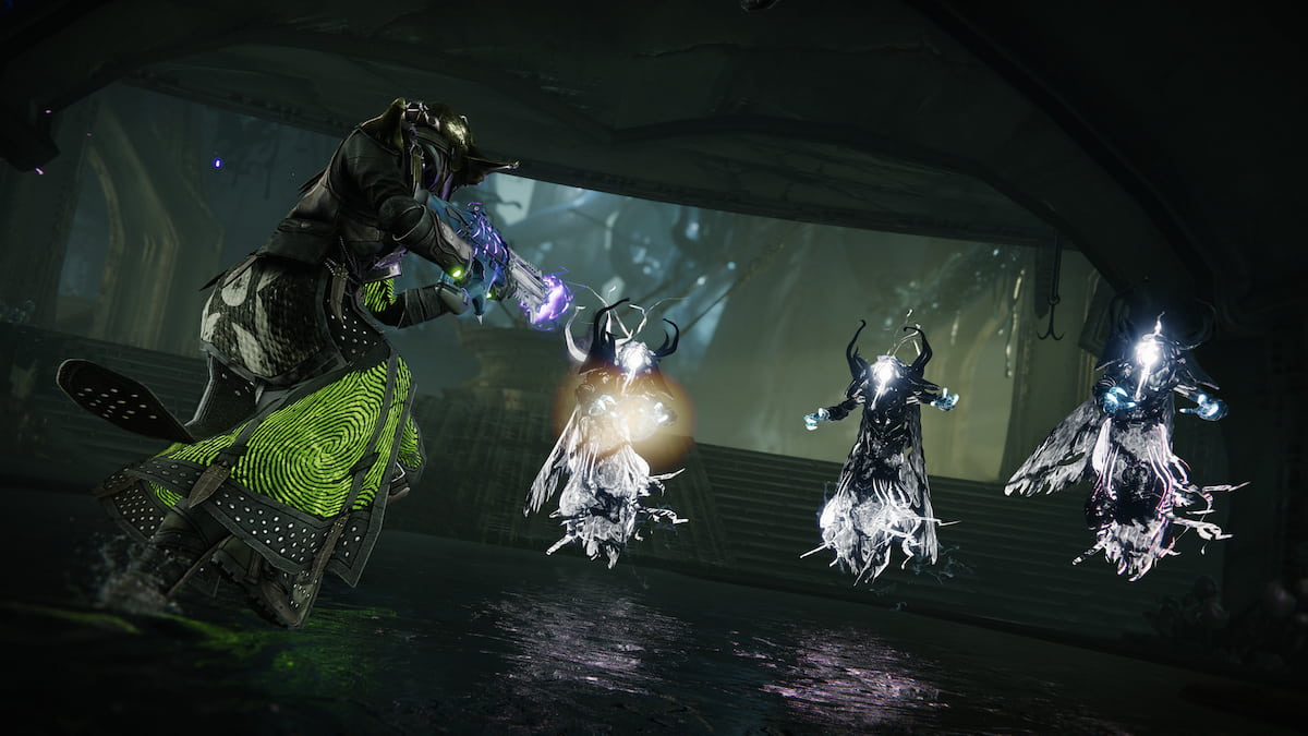 A Warlock fights three Taken Wizards in the Founts area in the Dreadnaught.