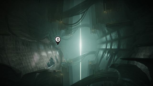 An exit to the Hall of Souls with a map marker above a chitinous ledge that holds a collectible.