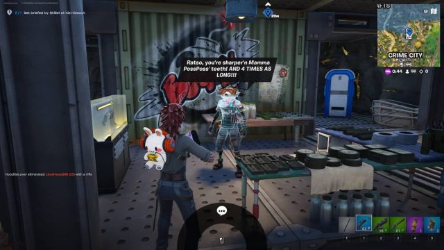 An image from Fortnite of the player speaking with Skillet, a large rat that gives out quests.