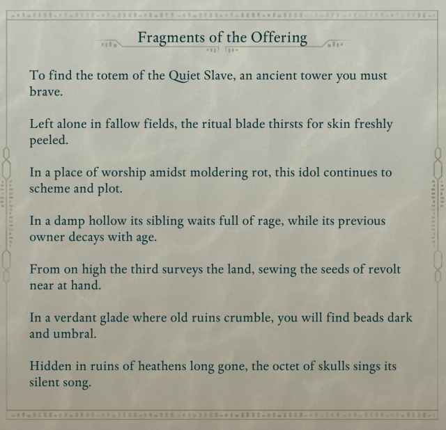 A piece of paper from Avowed showing multiple lines of text, each describing the location of a Totem Fragment in the Emerald Staircase