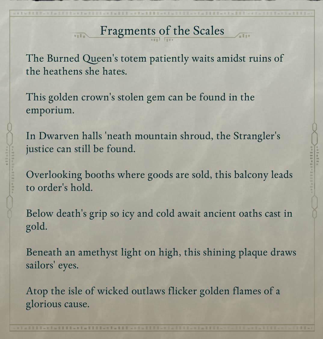 A screenshot from Avowed, showing a list of seven riddles. Each riddle corresponds with a piece of the Totem.