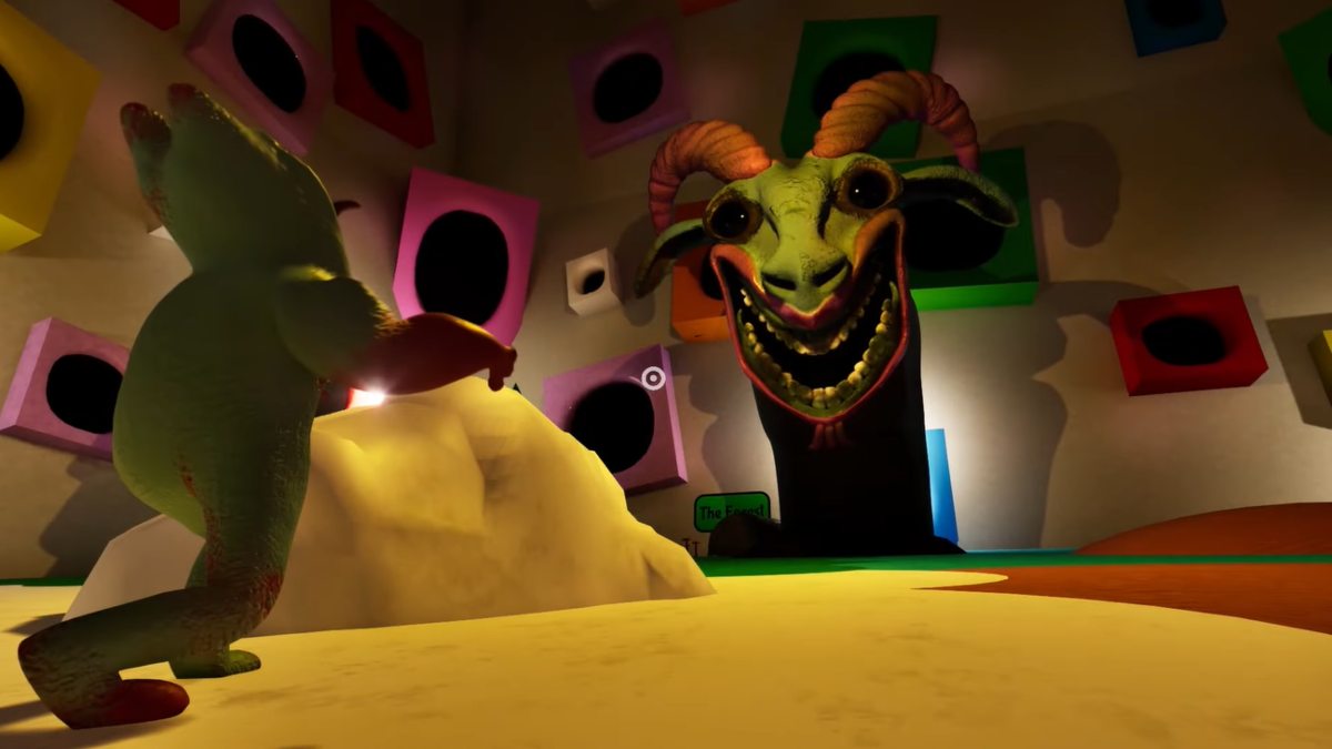 Looking at the Ramamba poking its head through a doorway, looking down at a Case in Garten of Banban 0