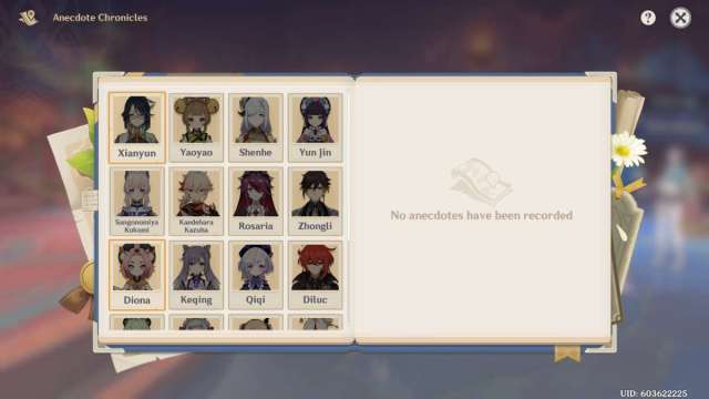 An image from the Genshin Impact Anecdote Chronicle event of the character list.