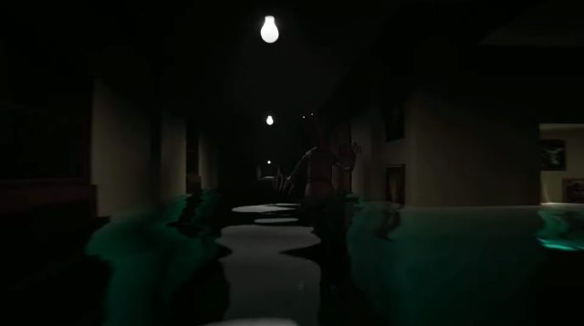 The pool room version of the infinite corridors with the monster standing, half his body submerged, looking at the camera