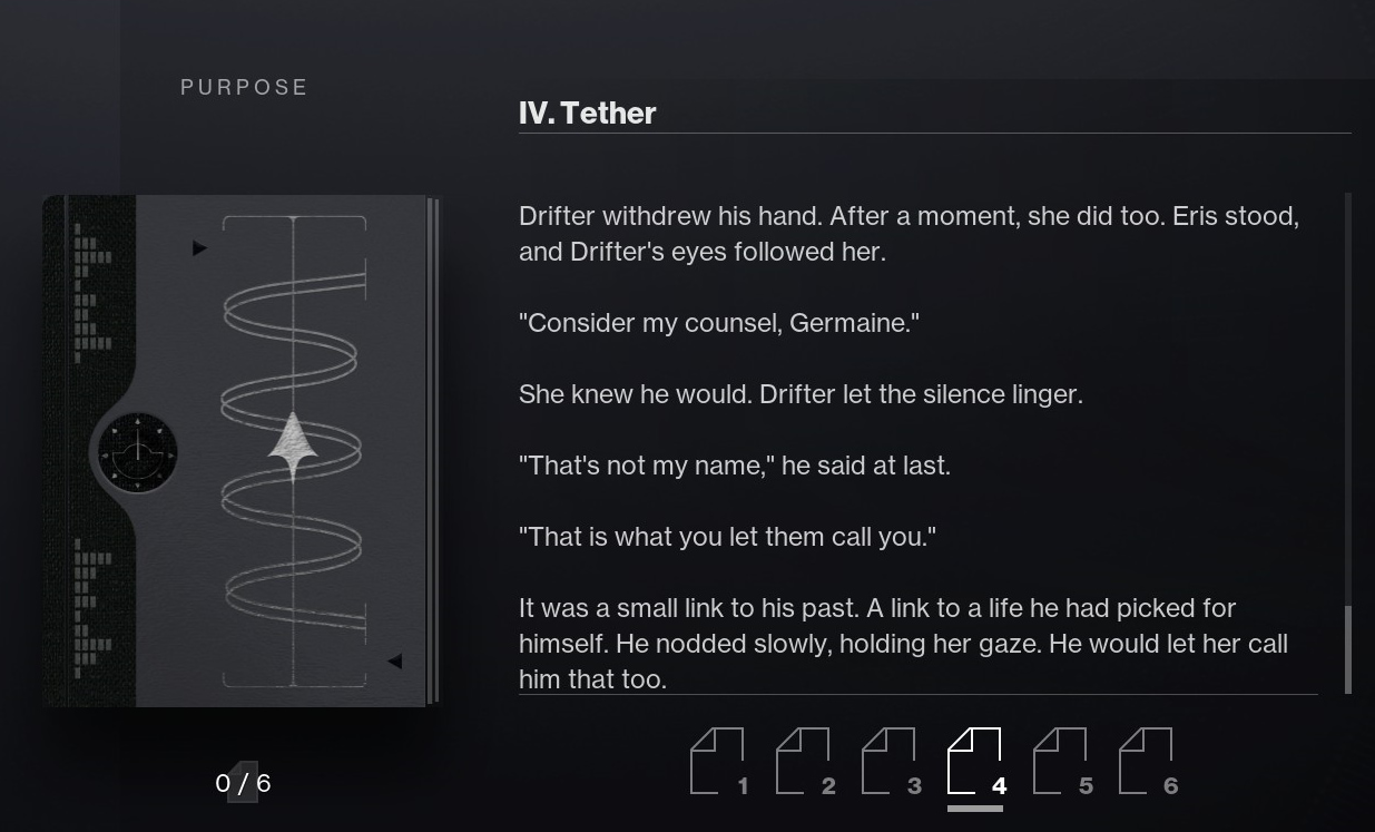 A snippet of the Season of the Deep lore book, Purpose, and its fourth chapter, Tether.