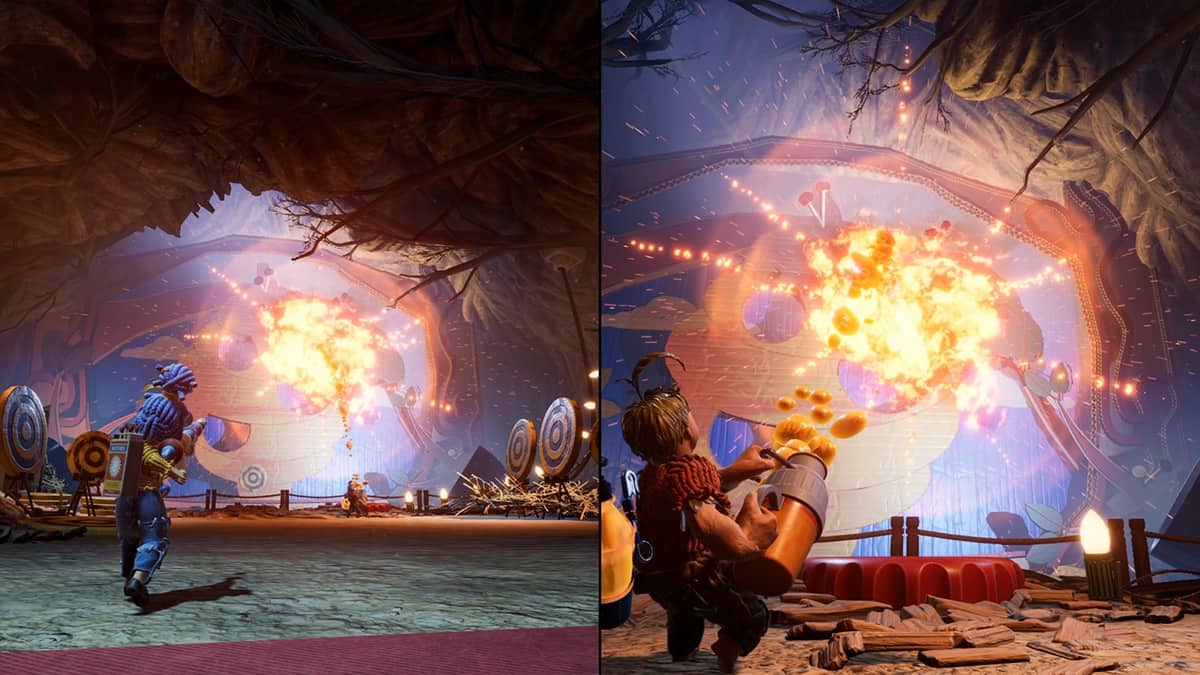 A split screen showcasing two playing firing a rocket launcher at a wall