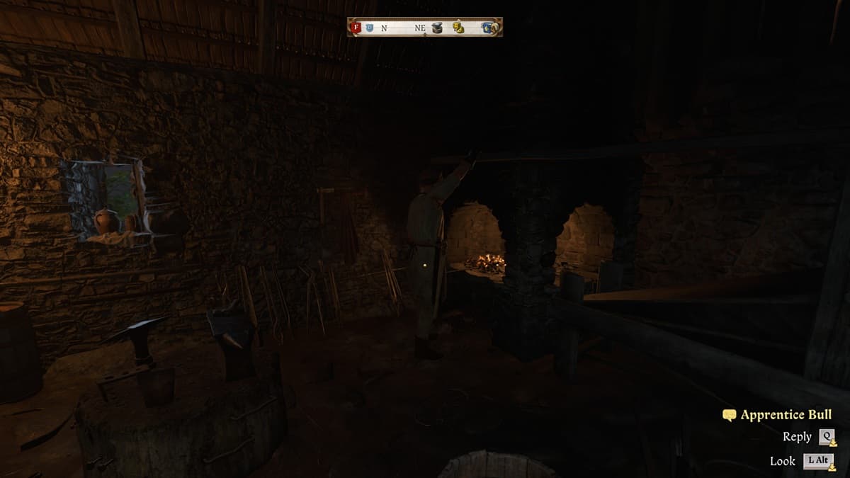 Blacksmith working in the forge with tools and weapons around him