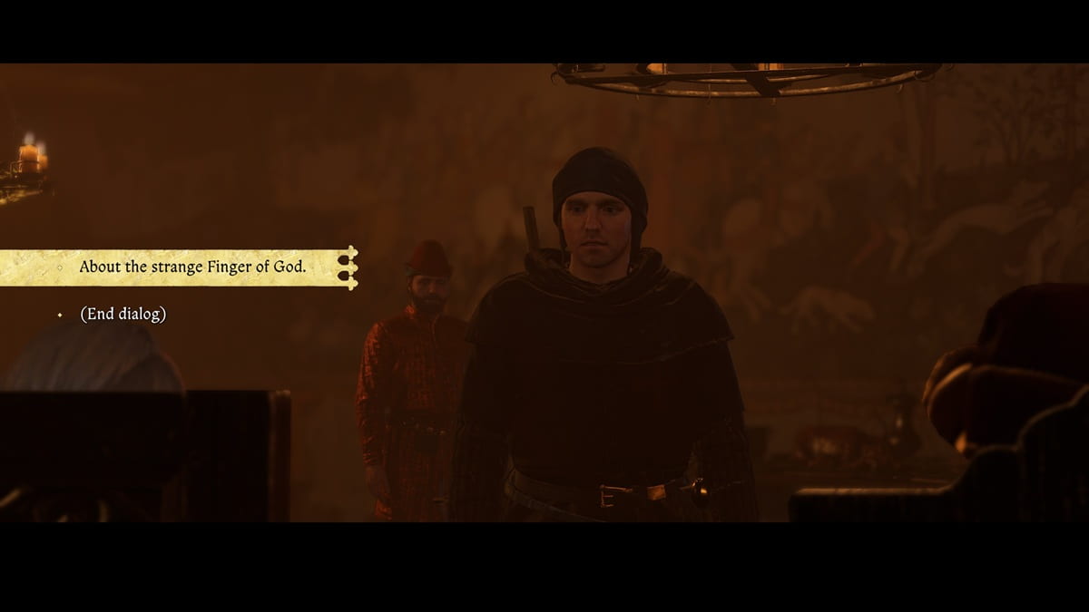 Henry of Skalitz in conversation with an NPC with two dialogue options on the side