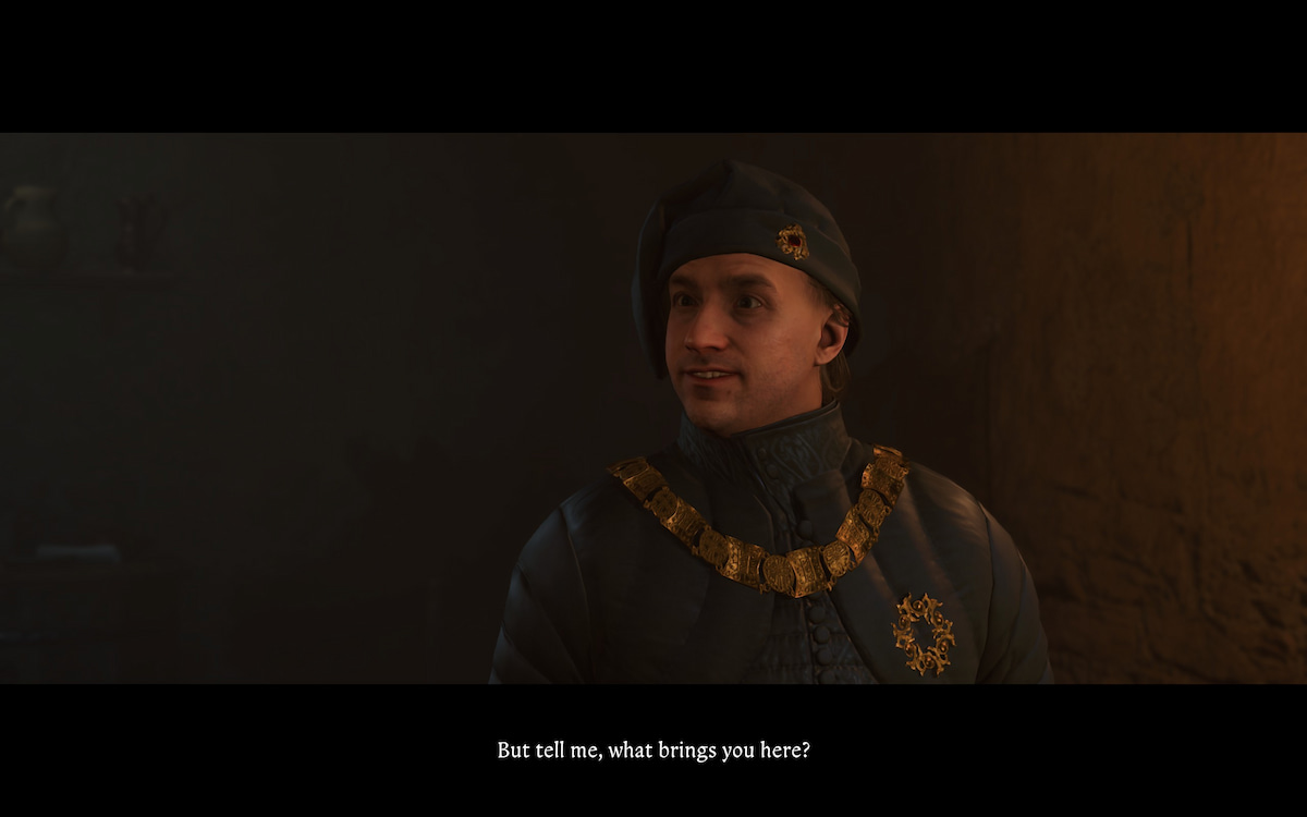 Nobleman dressed in black adorned with gold in conversation with the player character