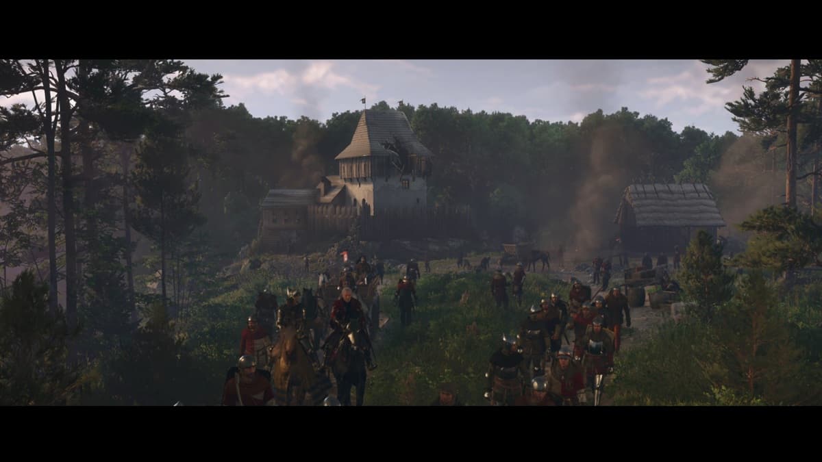 Soldiers in plate armor moving away from the ruins of a burning castle