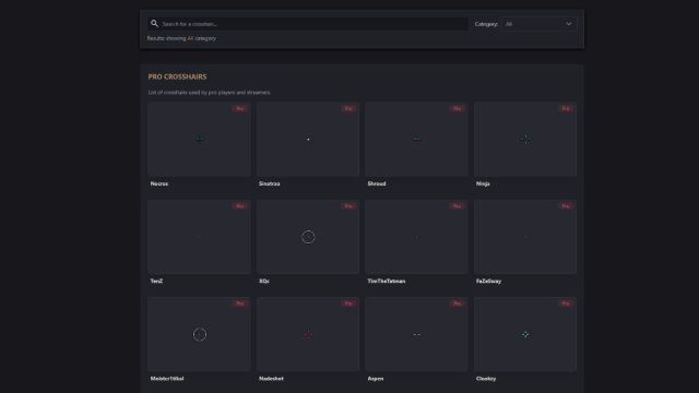 An image from a third party website that allows users to find crosshair codes from popular streamers and pro players.