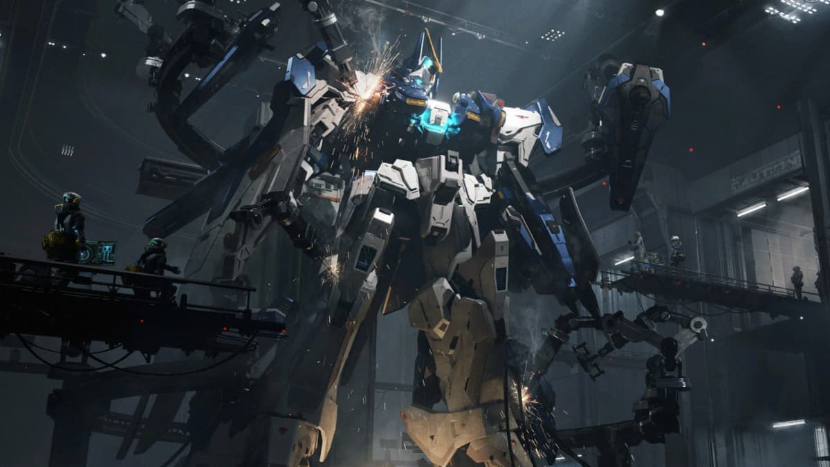 A mecha in Mecha BREAK receiving maintenance in a loading screen.