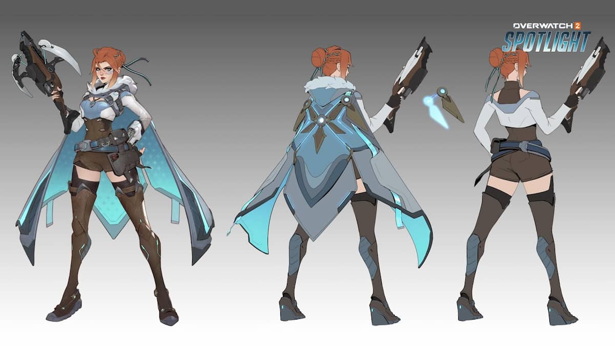 An image from Freja's concept art in Overwatch 2, which showcases the hunter with her crossbow and cloak.
