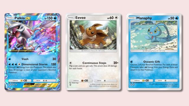 Palkia ex, Eevee, and Manaphy Pokémon TCG Pocket cards on a pink background.