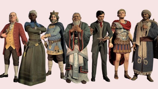 Benjamin Franklin, Harriet Tubman, Charlemagne, Confucious, Jose Rizal, Augustus, and Ibn Battuta Civilization 7 Leaders on a pink background.