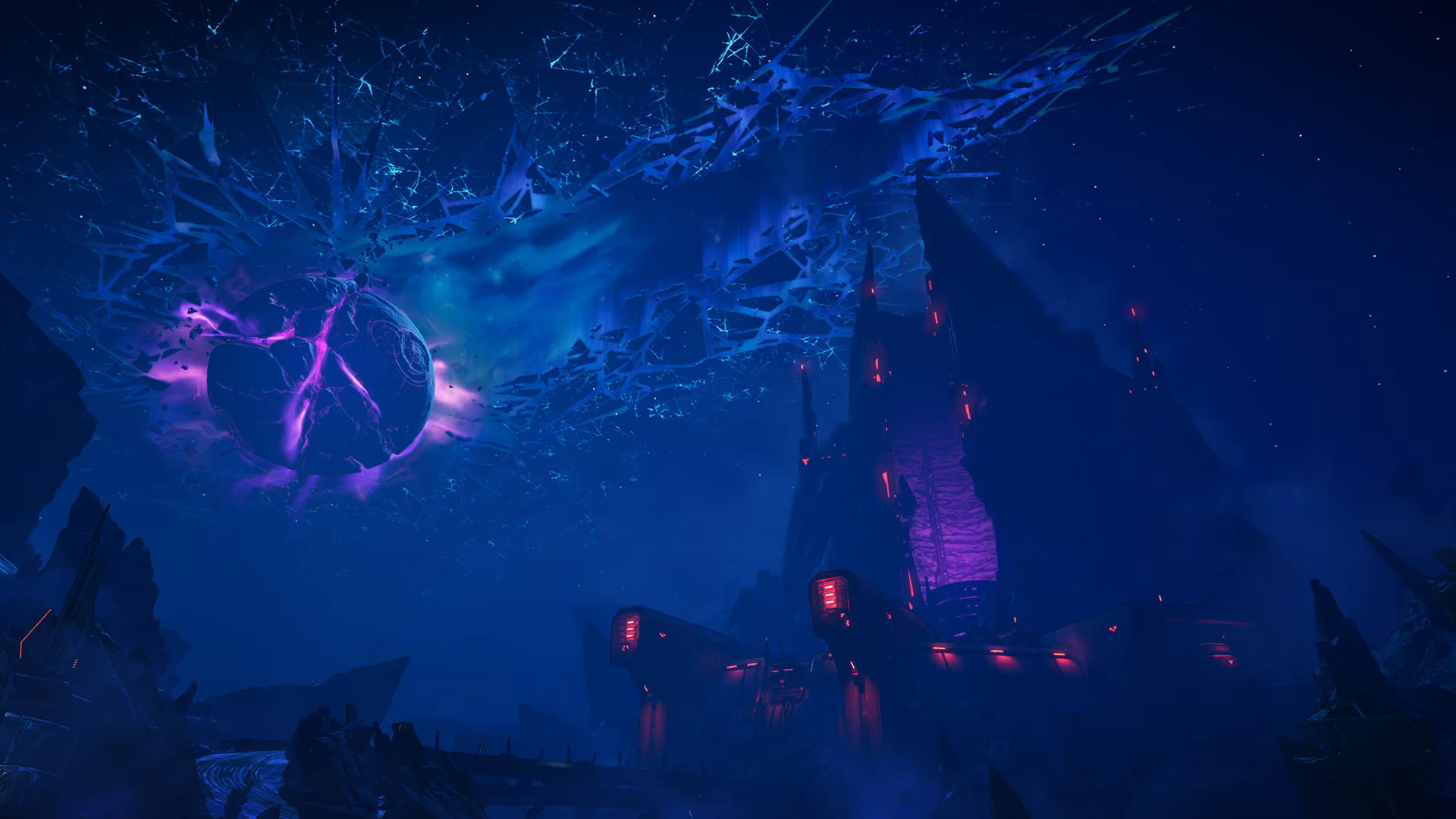 A cracked moon shatters a night sky above a dark pyramid structure.