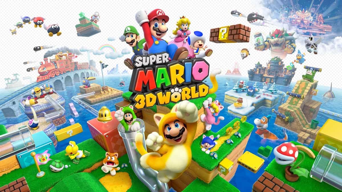 Mario, Luigi, Peach, Toad, and other characters on a fantastical background with the title showcased