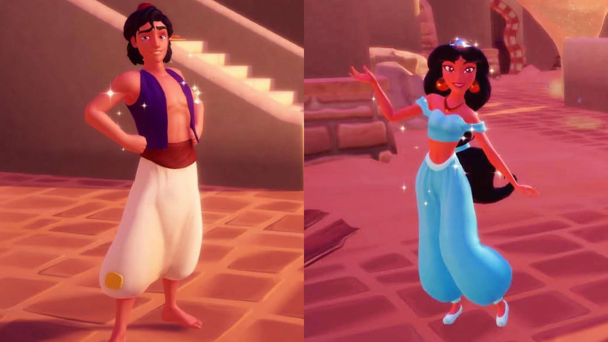 Aladdin and jasmine standing and posing in Disney Dreamlight Valley.
