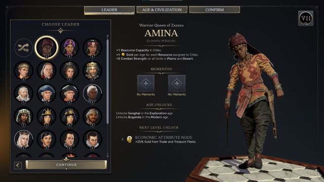Amina Civilzation 7 leader screenshot with traits.