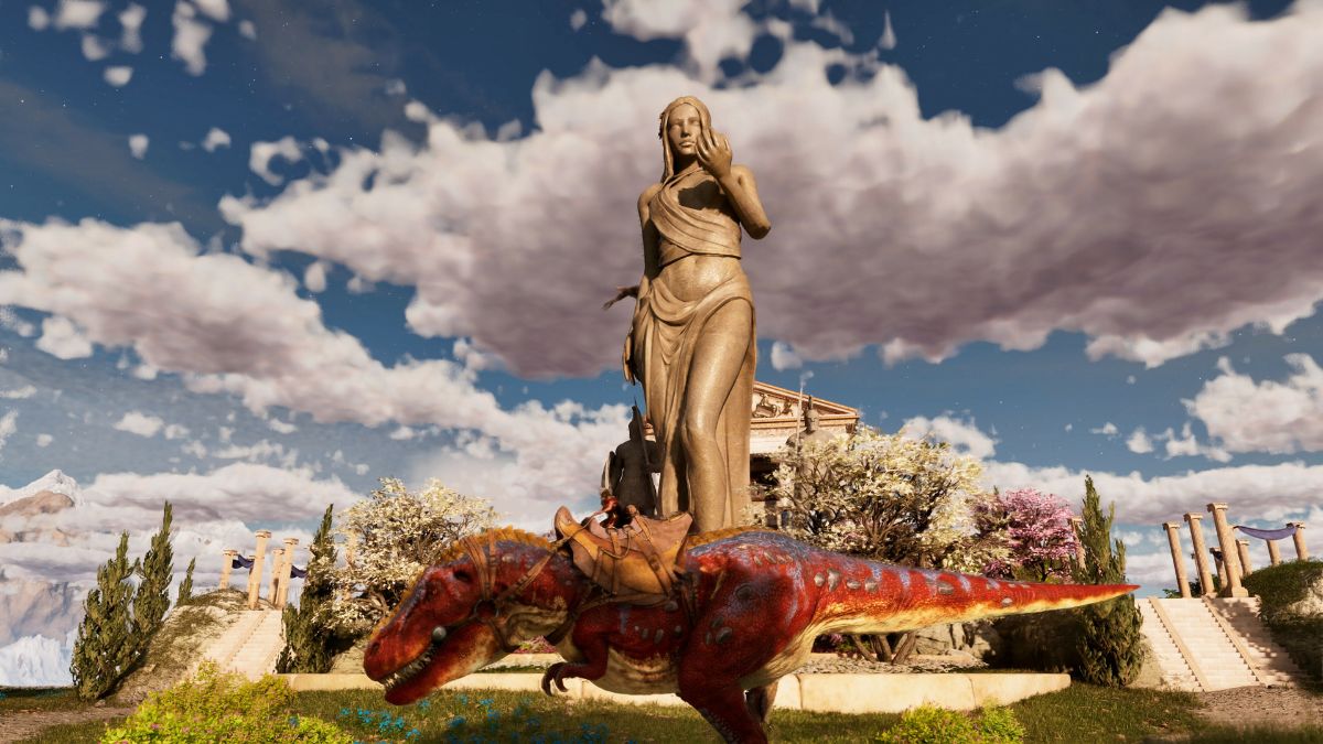 Greek statue in ARK and a dinosuar underneath.