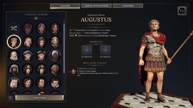 Augustus Civilzation 7 leader screenshot with traits.